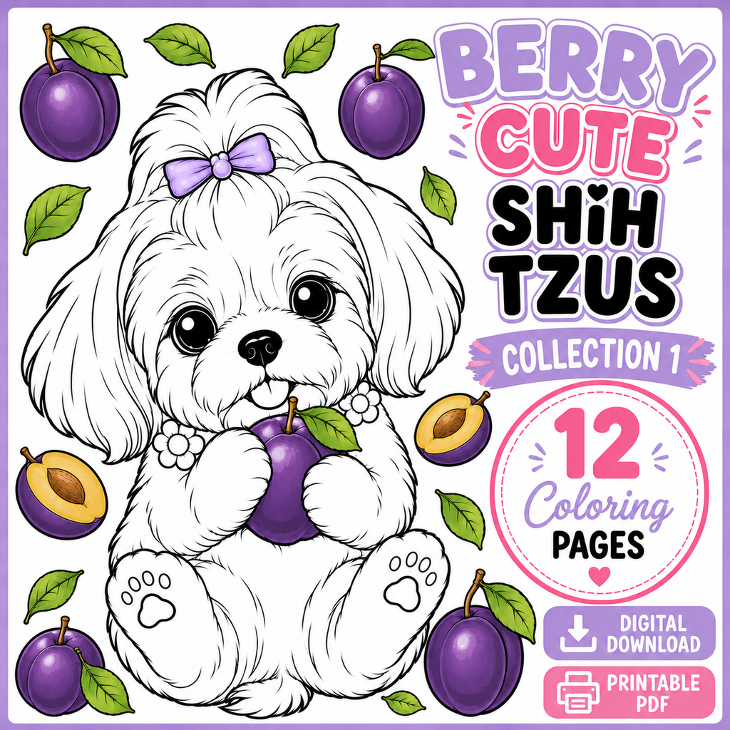 Berry Cute Shih Tzus  Coloring Pages | 12 Pages Bundle– Printable Dog Coloring Sheets for Kids & Adults | Instant Digital Download PDF