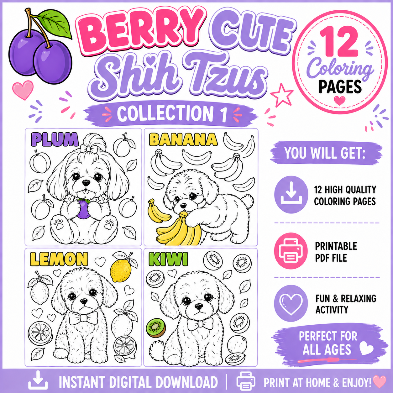 Berry Cute Shih Tzus  Coloring Pages | 12 Pages Bundle– Printable Dog Coloring Sheets for Kids & Adults | Instant Digital Download PDF