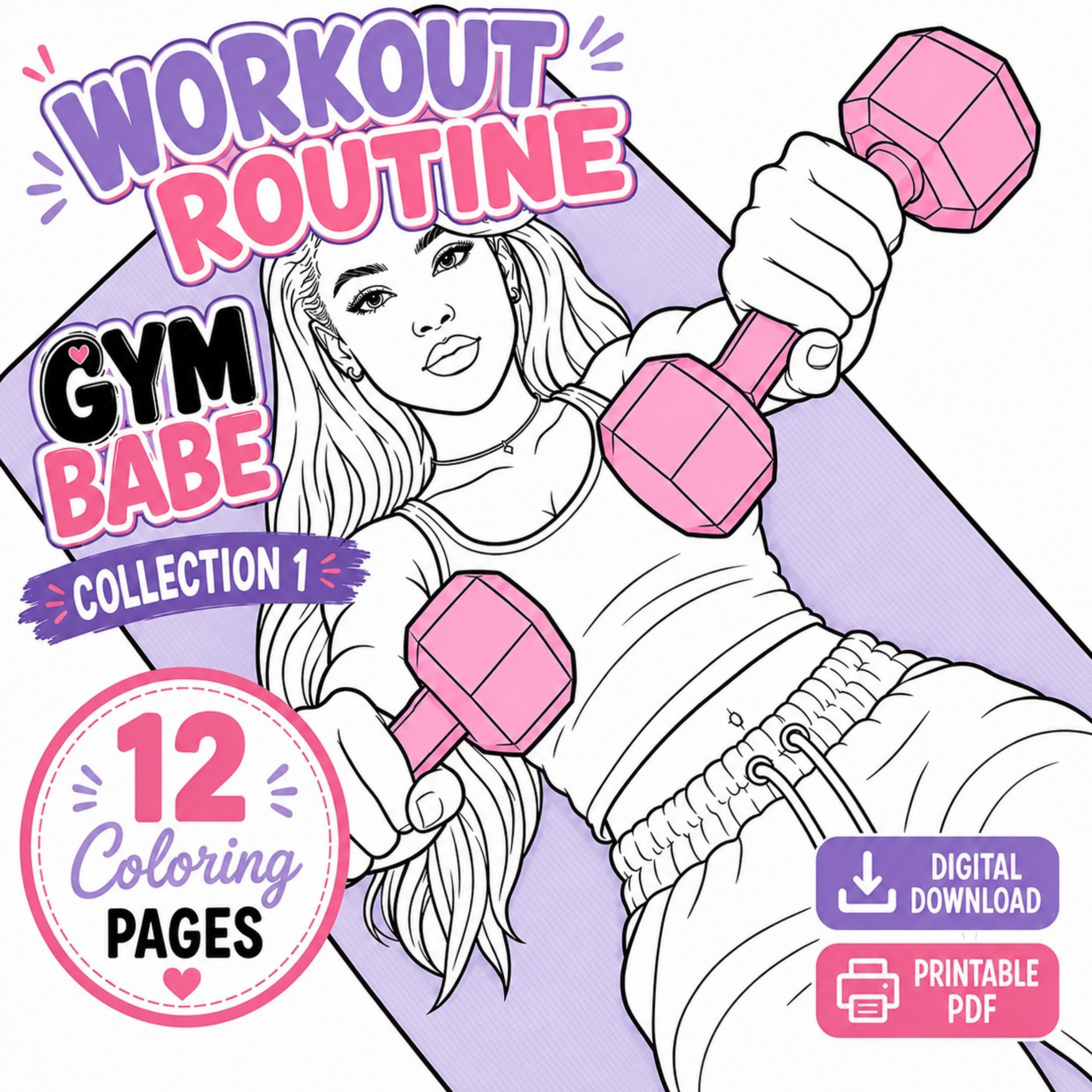 Workout Routine Gym Babe Collection 1 | 12 Page Bundle | Strong Confident Powerful Women | Printable PDF Coloring Book | Instant Download