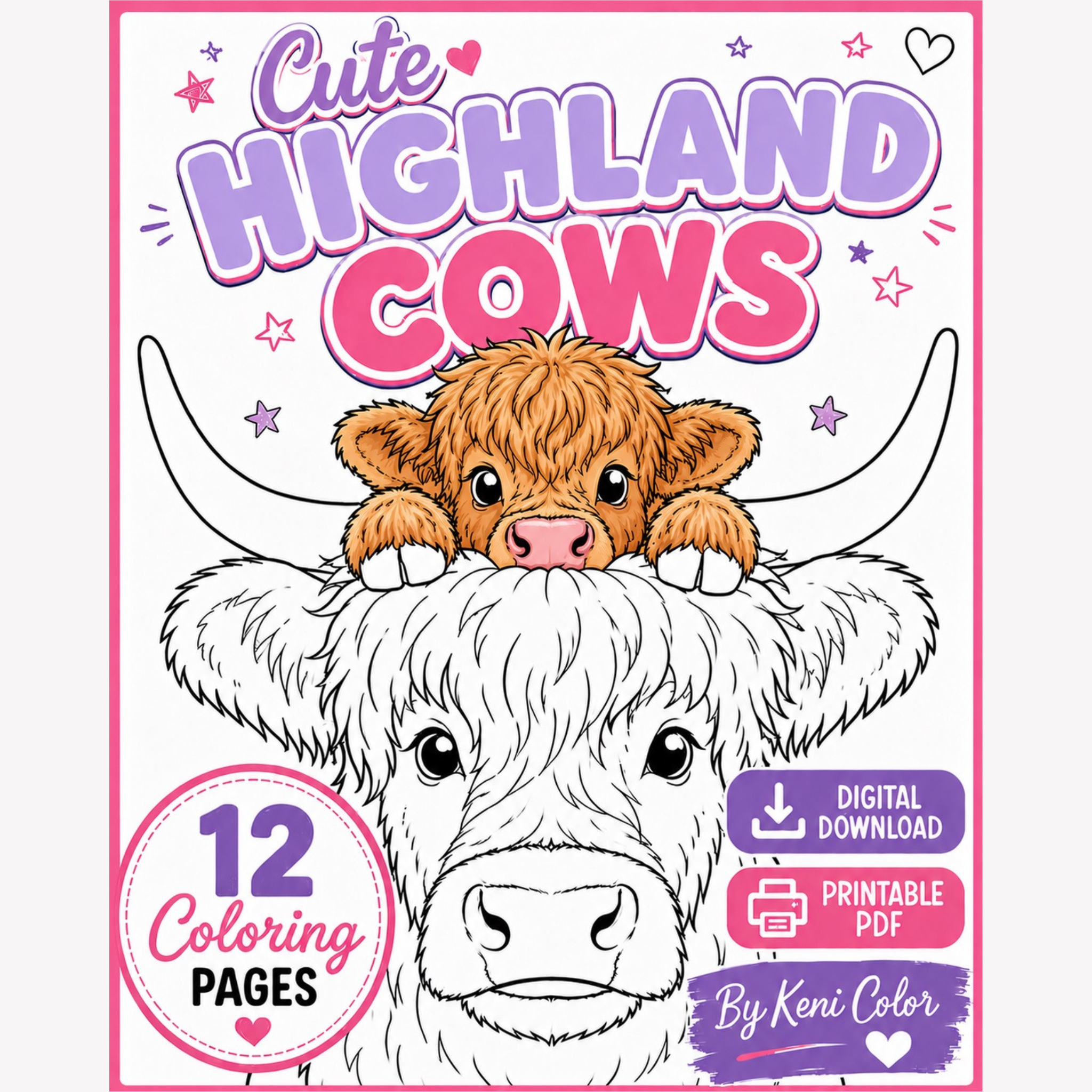 Highland Cow Coloring Pages Bundle: 12 Printable PDF Sheets (Digital Download)
