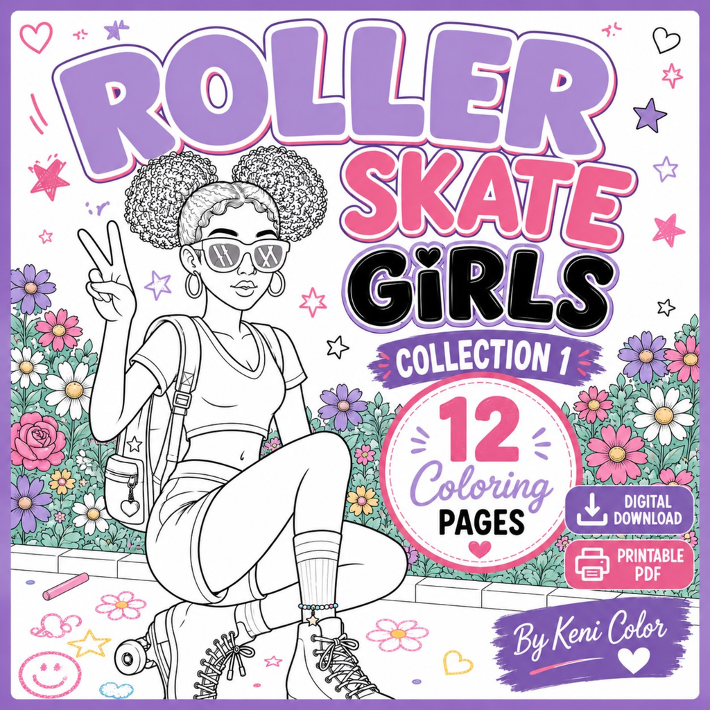 Roller Skate Girls Coloring Collection 1 | 12 Printable Coloring Pages | Instant Download