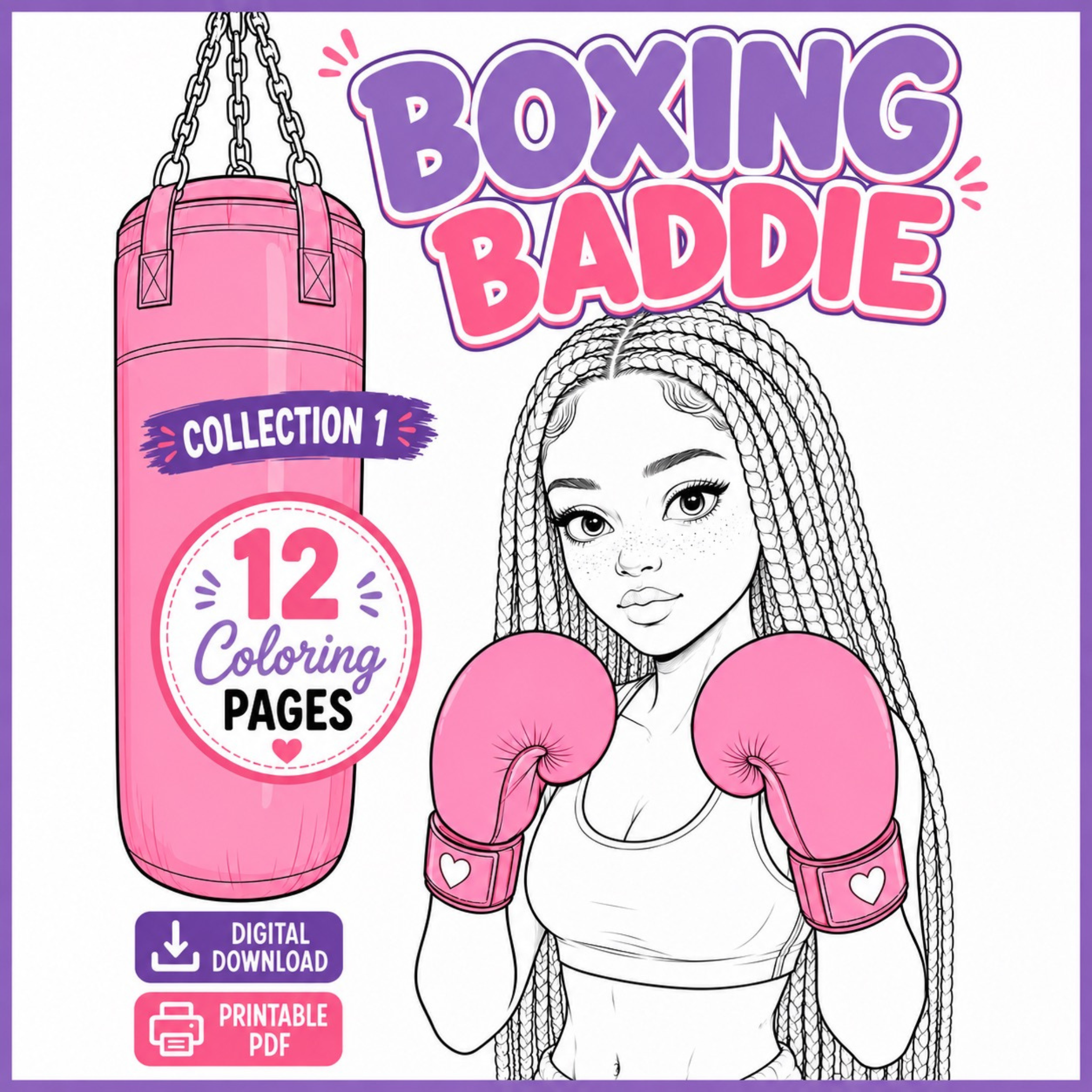 Boxing Baddies Coloring Pages | 12 Page Bundle | Strong Confident Powerful Women | Printable PDF Coloring Book | Instant Download
