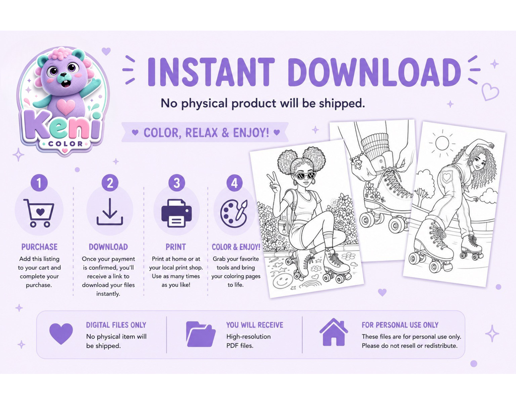Roller Skate Girls Coloring Collection 1 | 12 Printable Coloring Pages | Instant Download