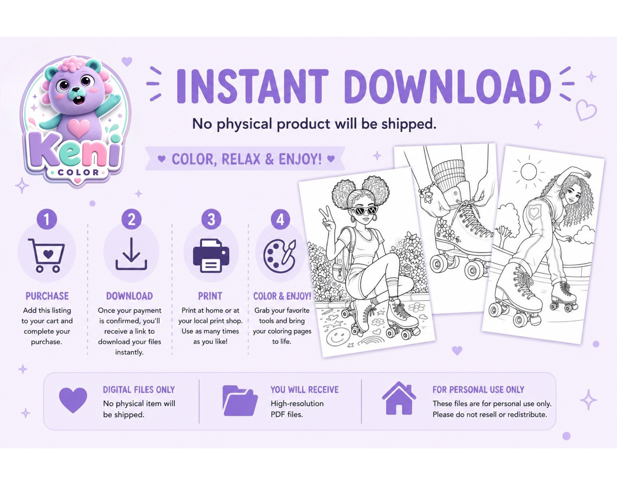 Roller Skate Girls Coloring Collection 1 | 12 Printable Coloring Pages | Instant Download