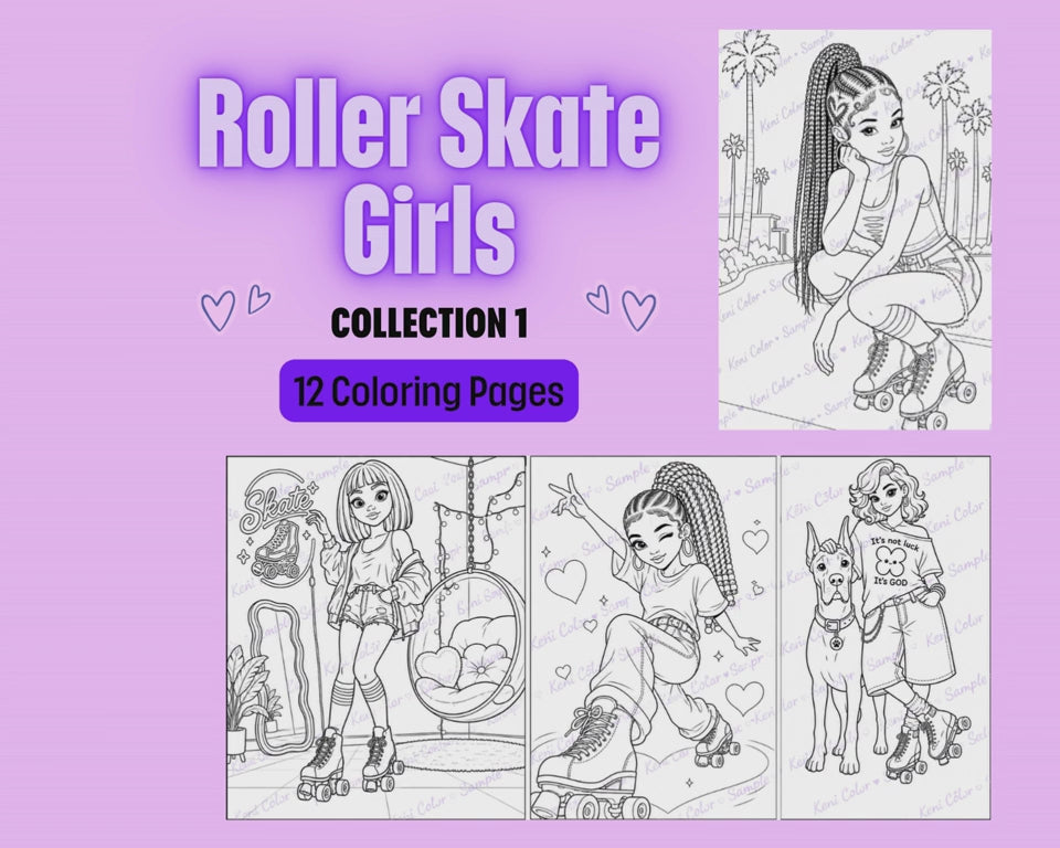 Roller Skate Girls Coloring Collection 1 | 12 Printable Coloring Pages | Instant Download